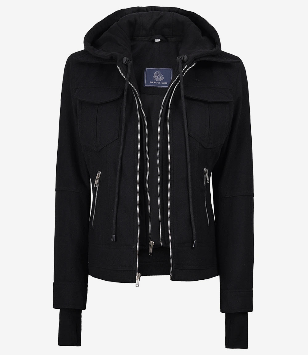 Women's Black Wool Jacket – Removable Hood with Zip Front