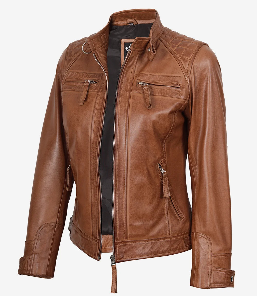 Women's Real Lambskin Leather Tan Quilted Biker Style Jacket
