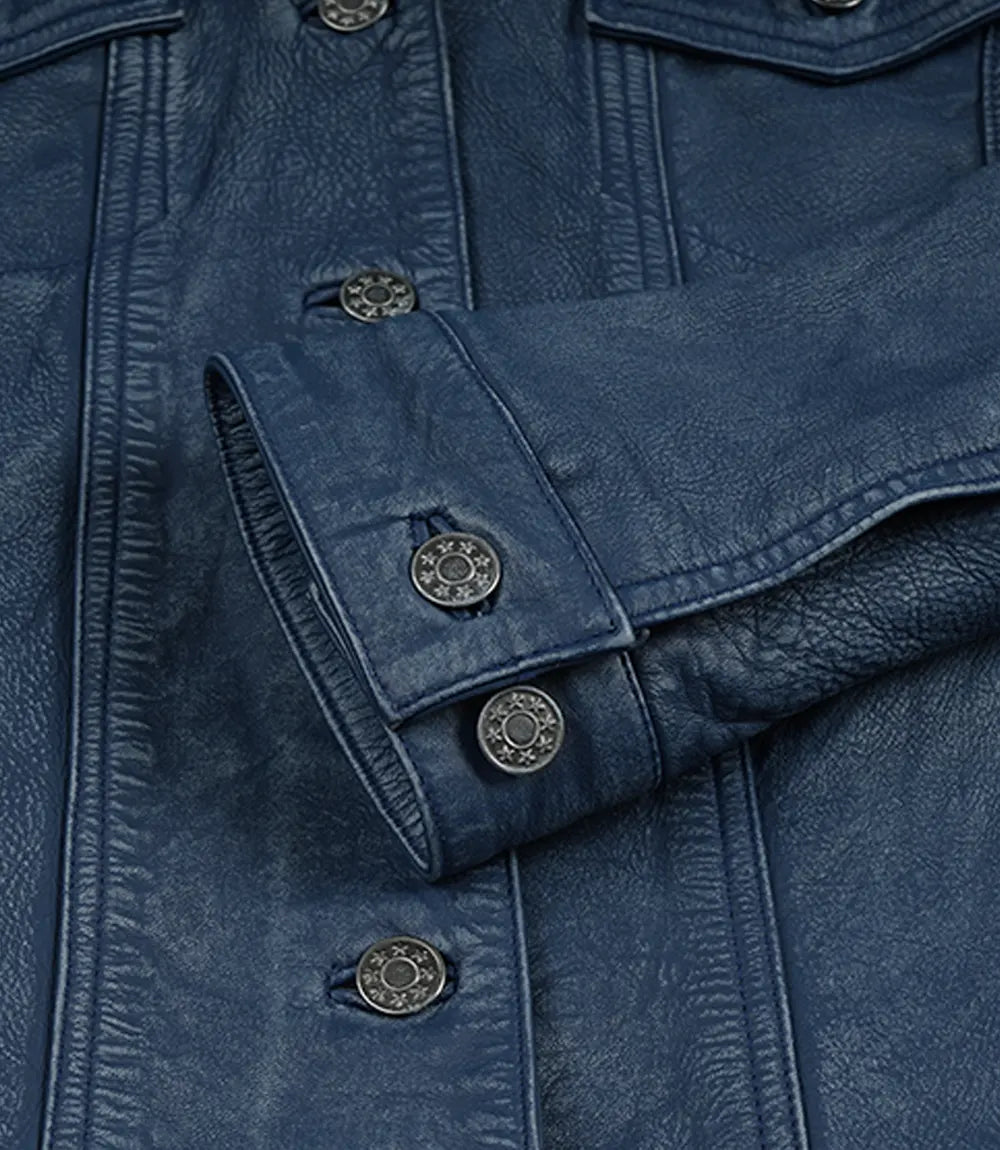 Women's Blue Washed Trucker Leather Jacket