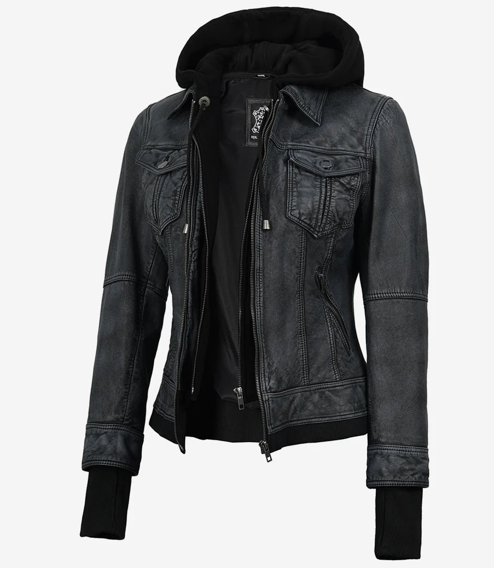 Women's Washed Black Leather Jacket with Removable Hood