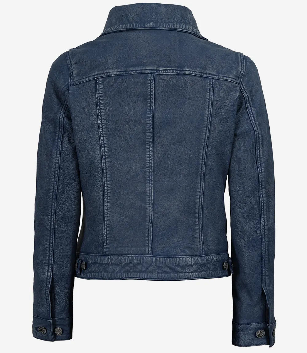 Women's Blue Washed Trucker Leather Jacket