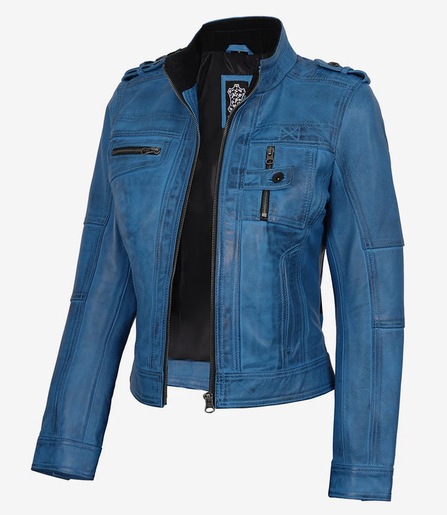 Women's Blue Waxed Lambskin Leather Biker Style Jacket