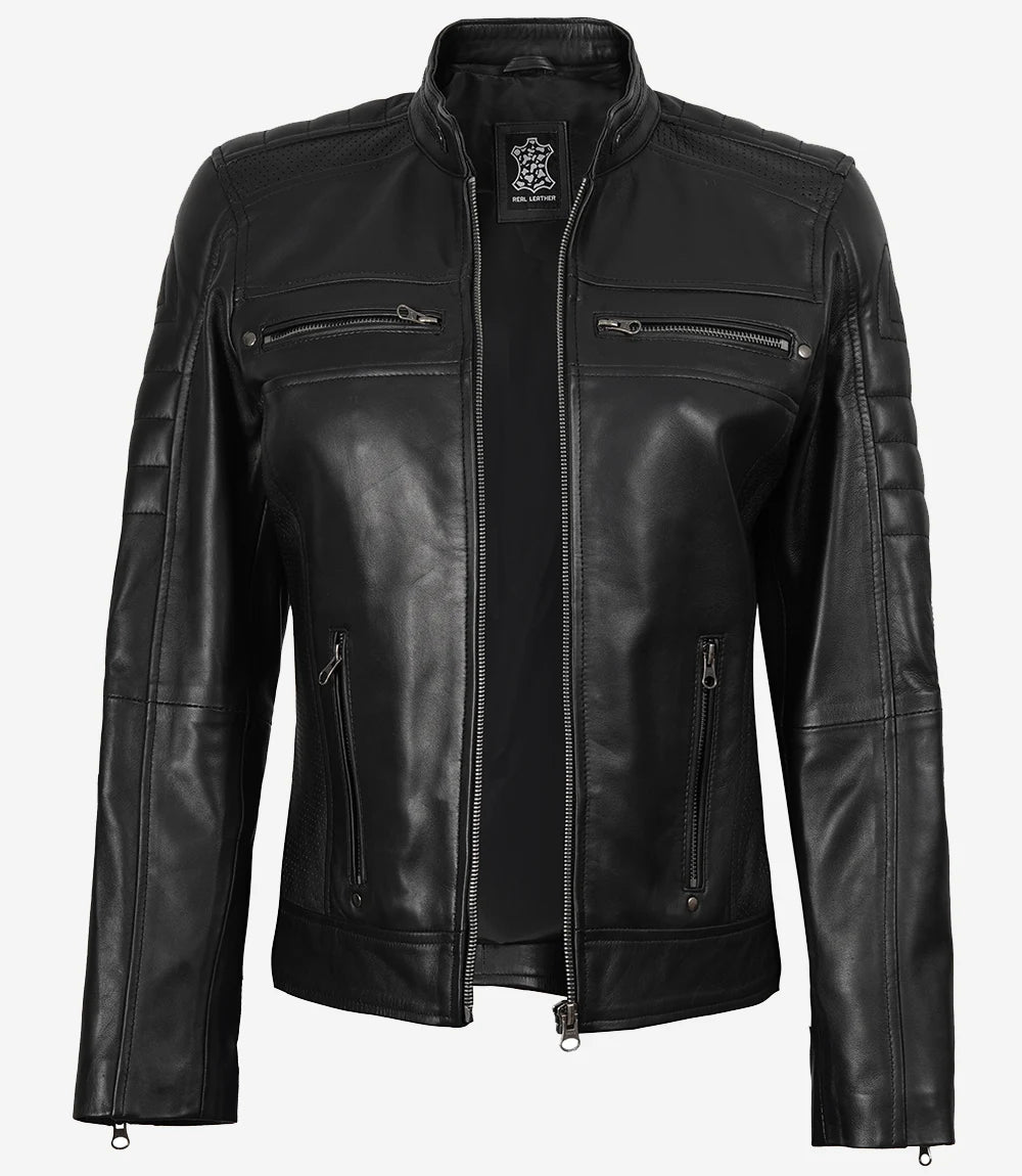 Womens Black Real Leather Cafe Racer Jacket