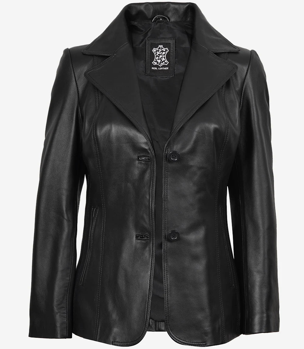 Womens Black Leather Blazer Jacket