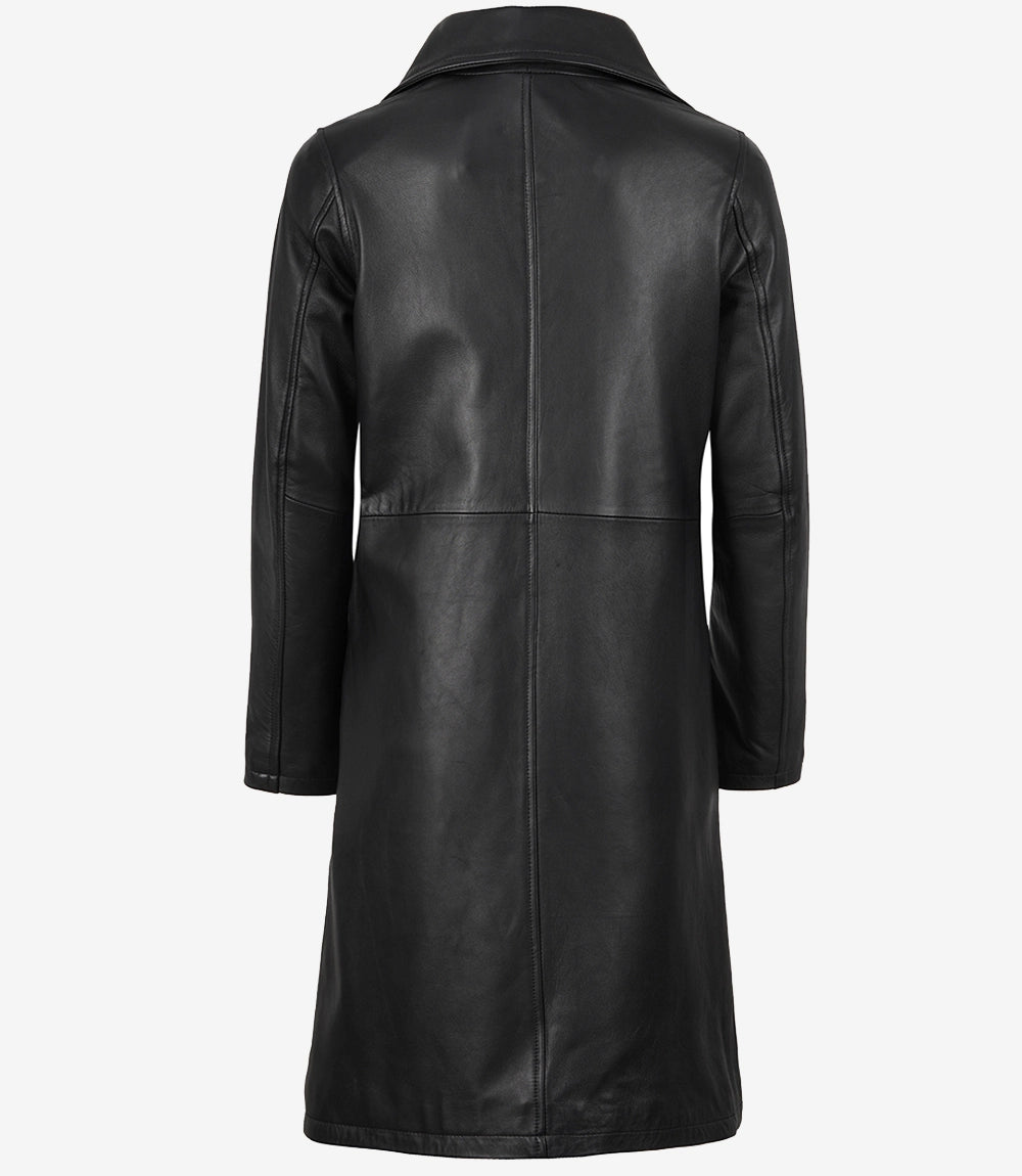 Womens 3 4 Length Black Wide Collar Leather Coat