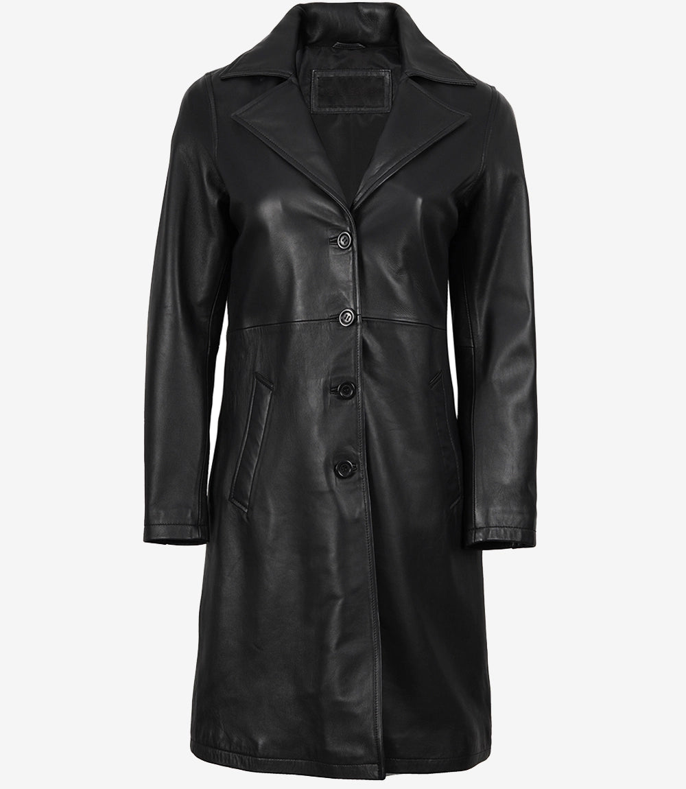Womens 3 4 Length Black Wide Collar Leather Coat