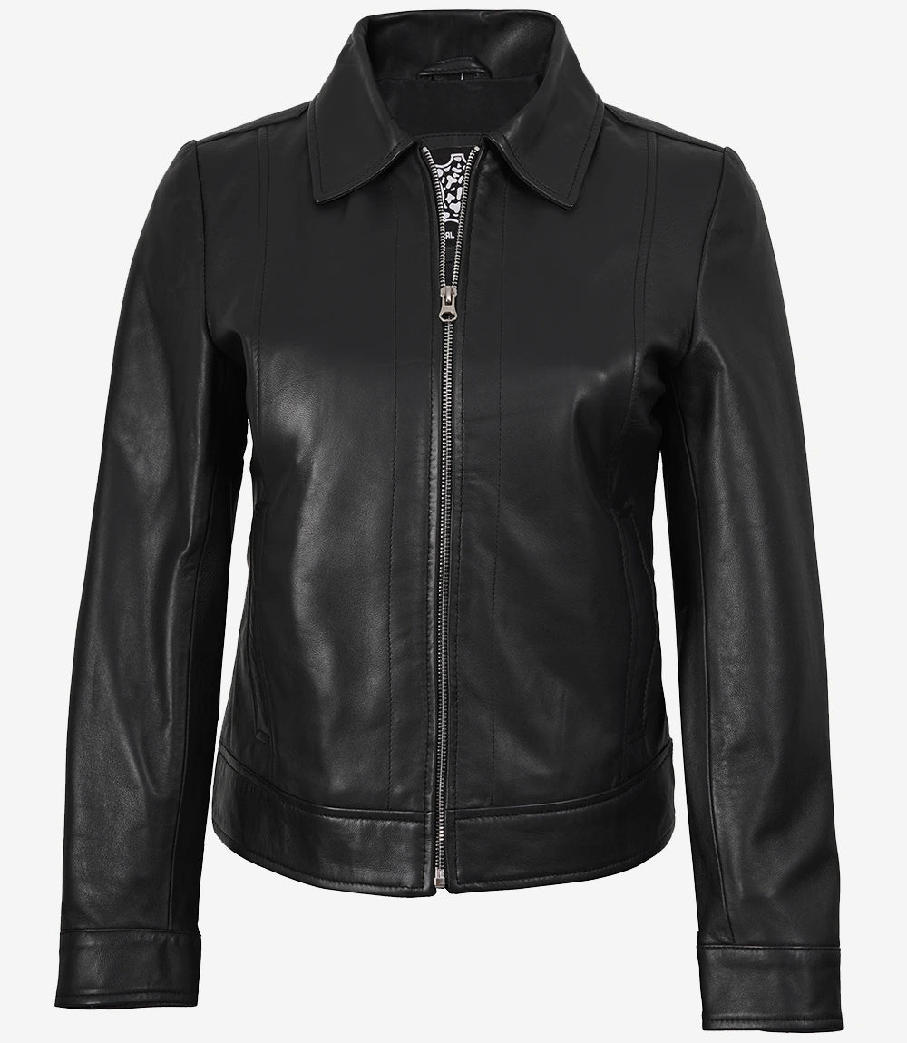 Womens Shirt Collar Black Leather Jacket
