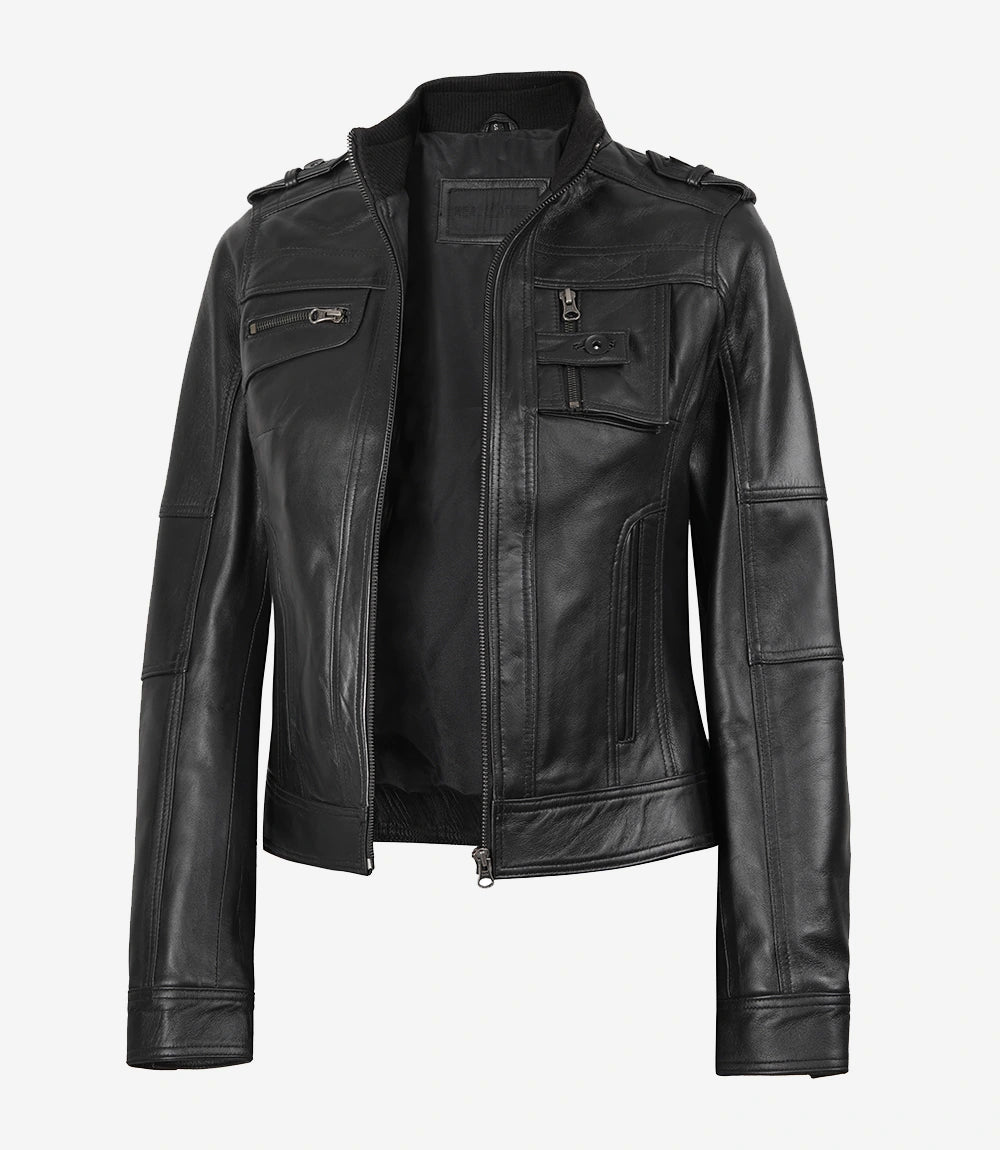 Womens Black Leather Moto Jacket