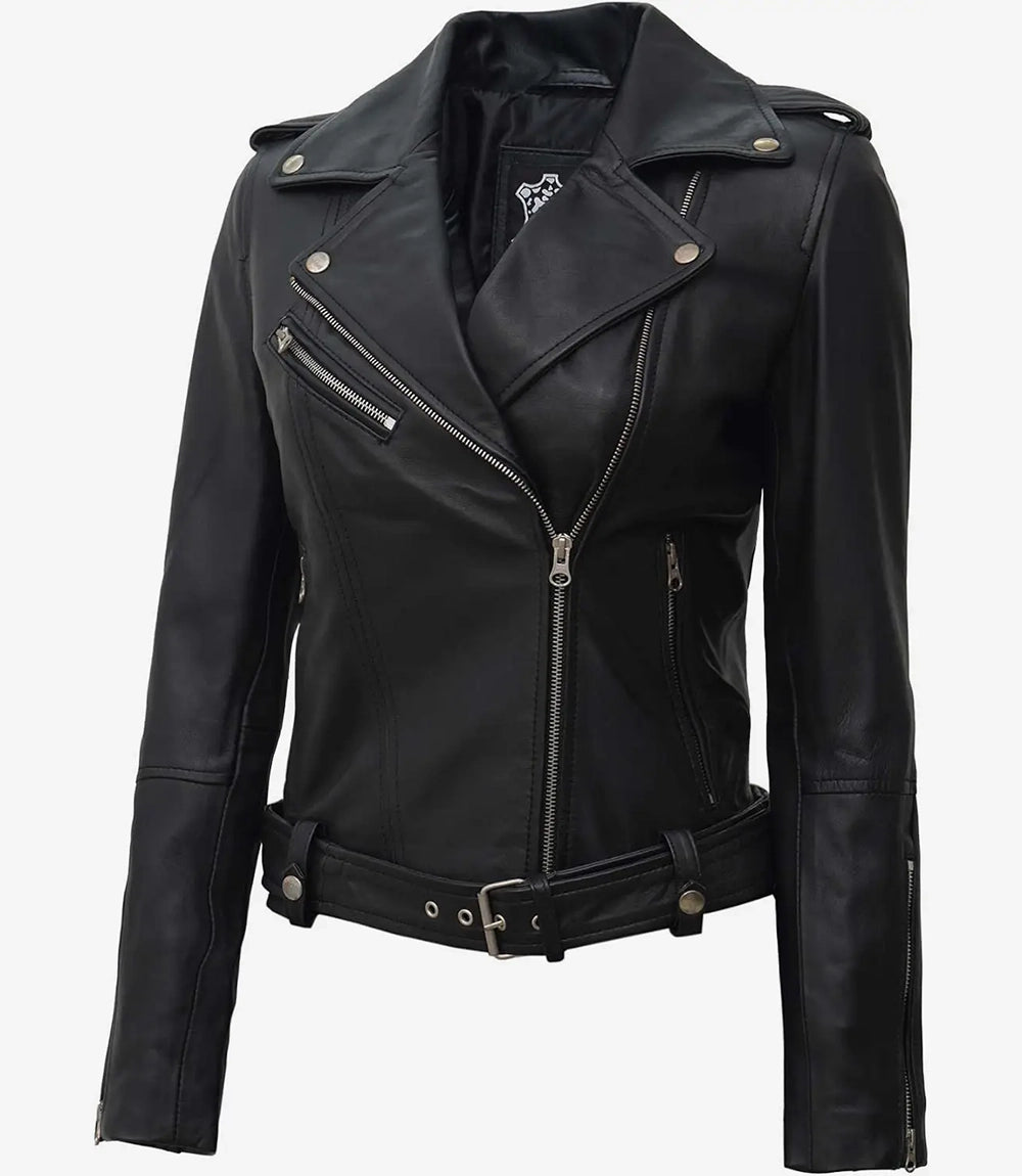 Womens Asymmetrical Leather Black Biker Jacket