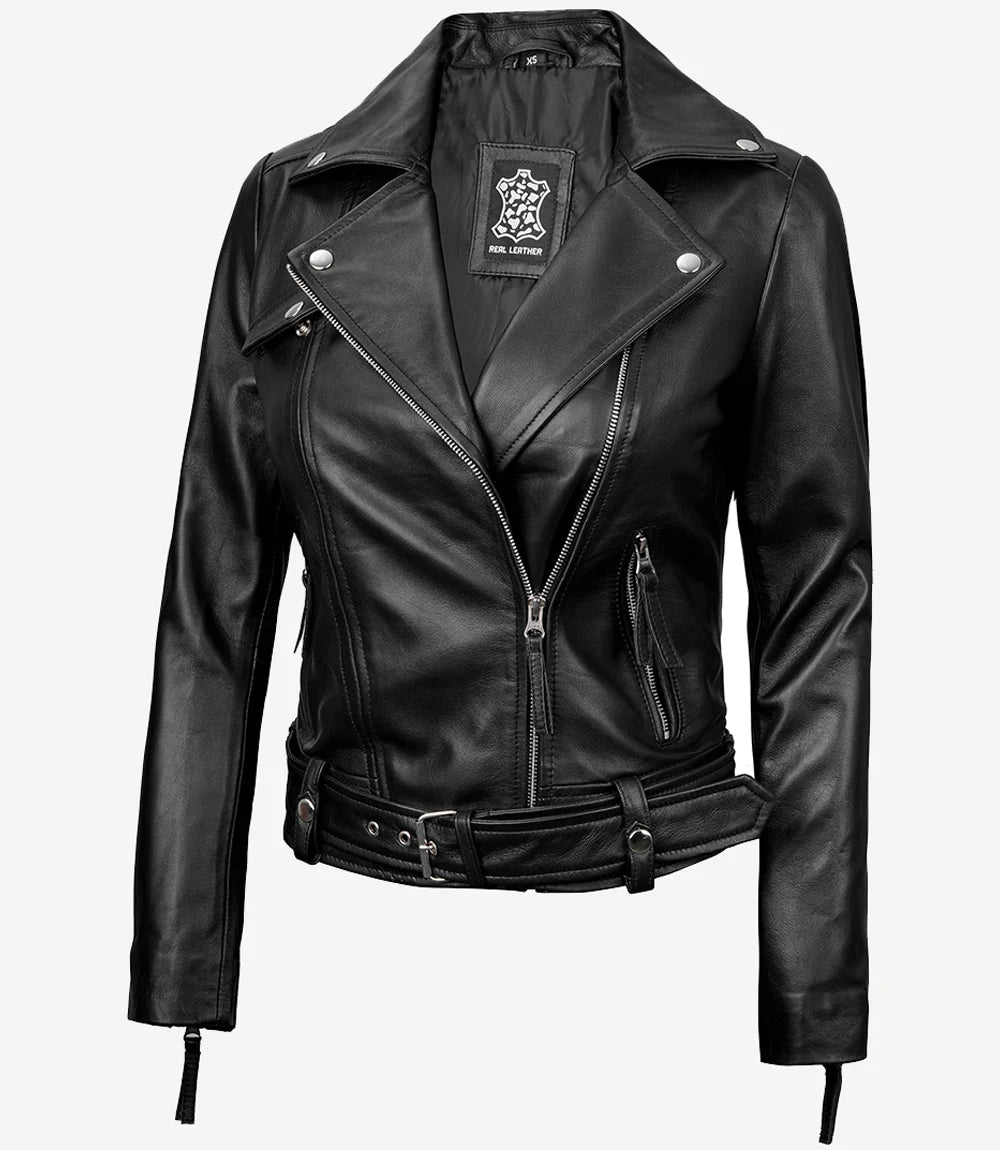 Connecticut Womens Black Leather Motorcycle Jacket