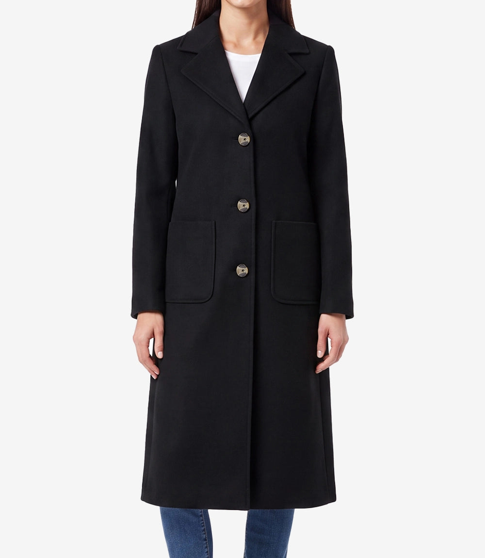 Womens Black Wool Blend Longline Coat – Single Breasted 3 Button - Black - view 2