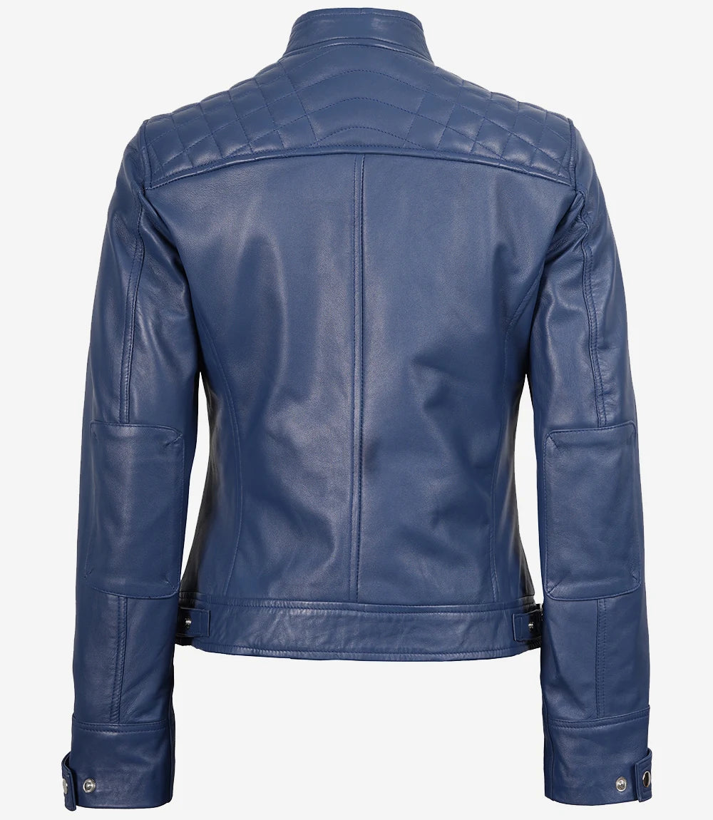 Womens Real Lambskin Leather Blue Quilted Biker Jacket