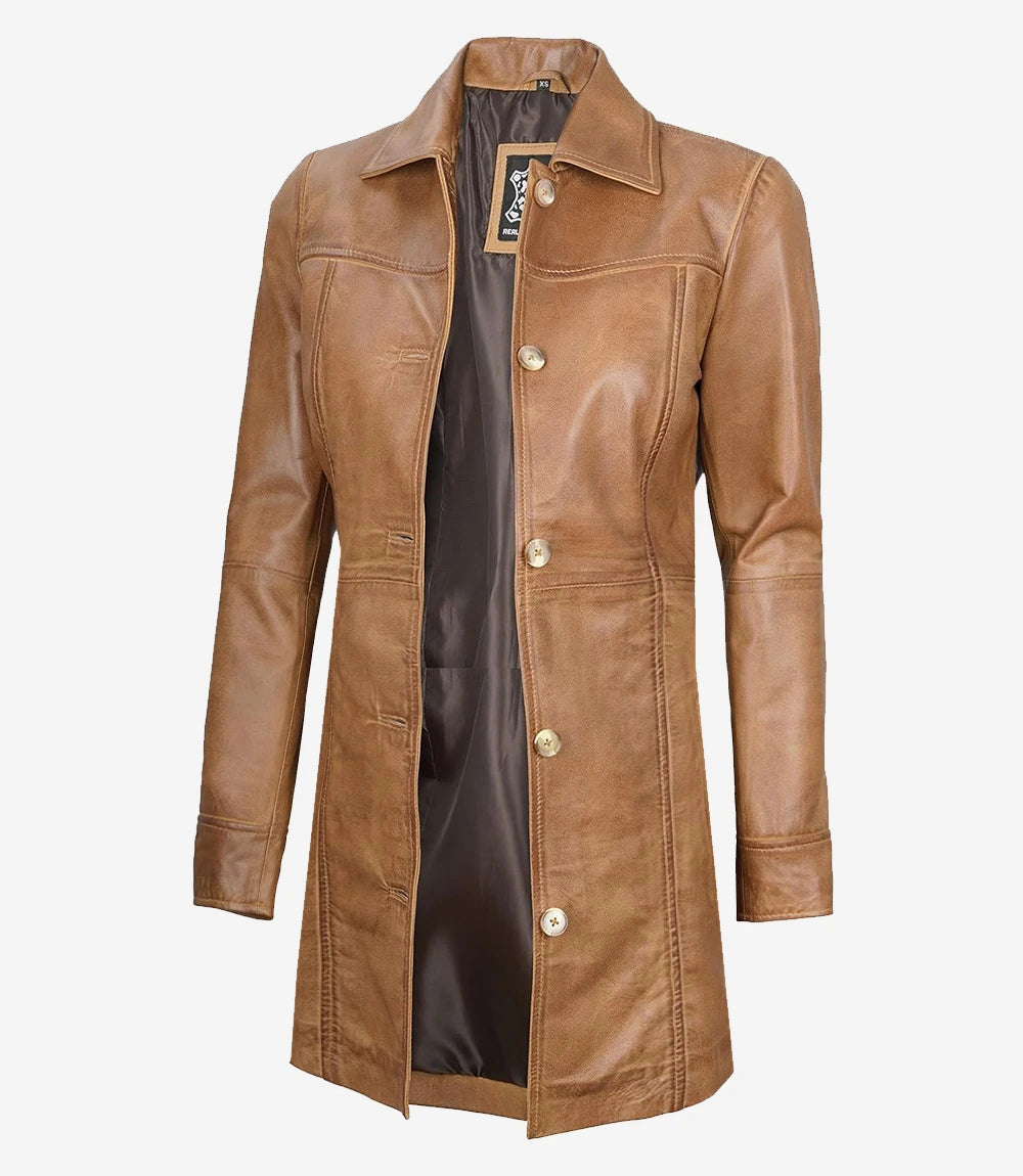 Womens Real Leather Camel Brown Coat