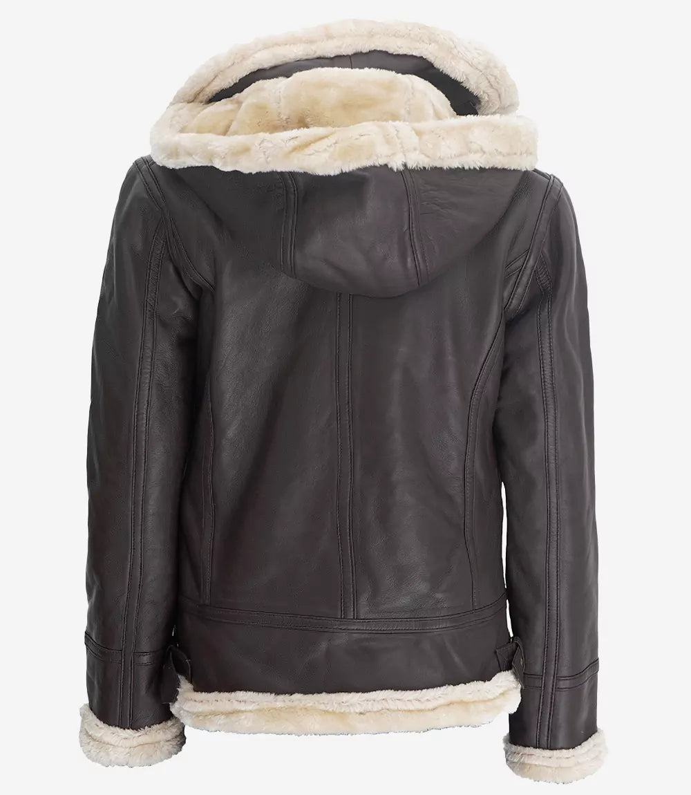 Womens Dark Brown Shearling Leather Jacket With Hood