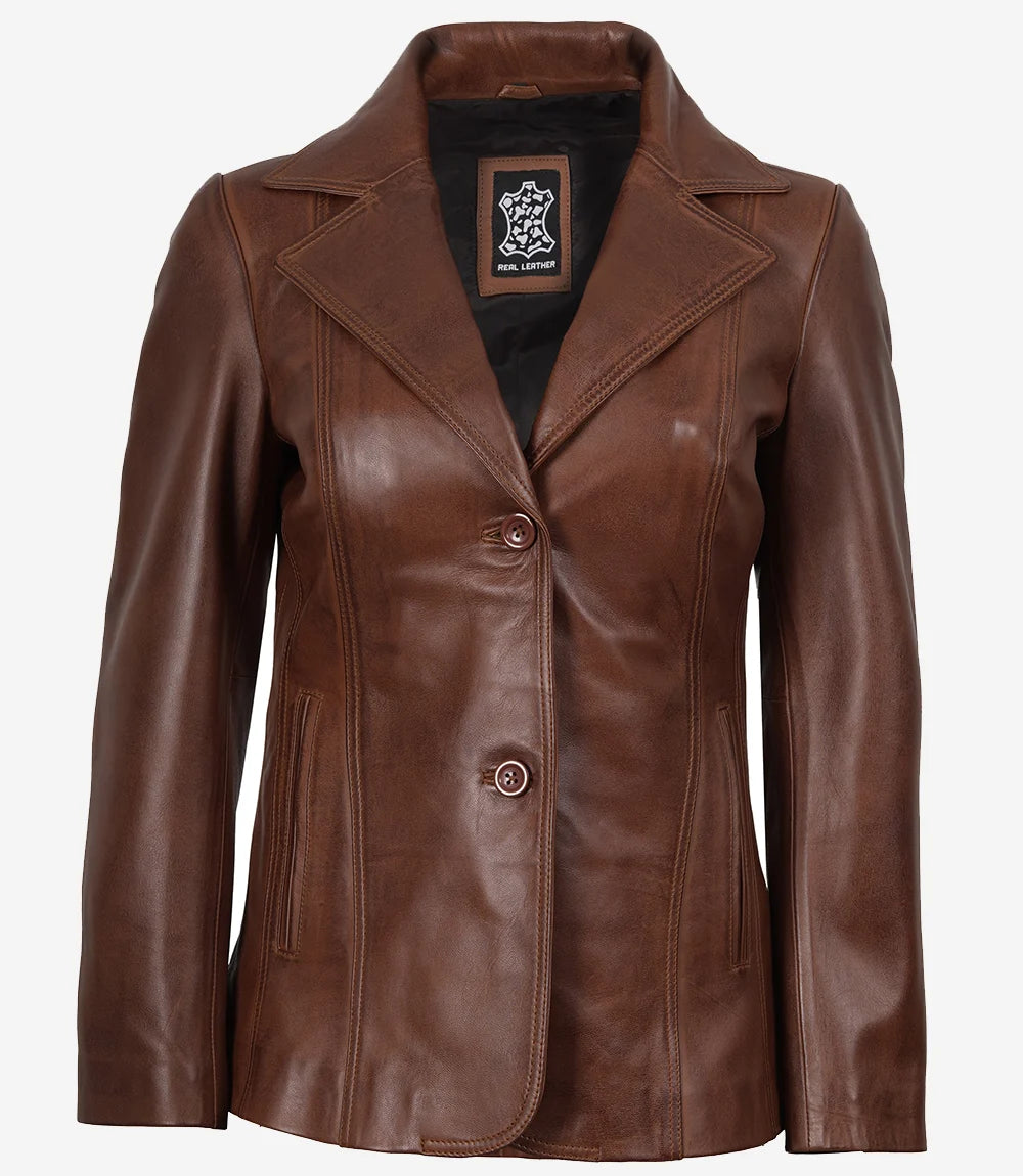 Womens Cognac Leather Blazer Jacket