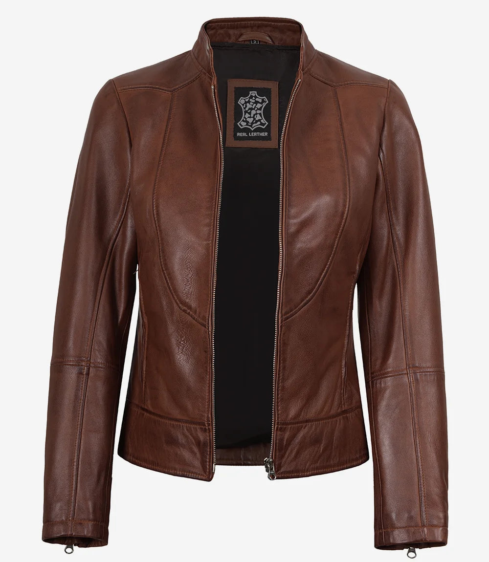 Women's Cognac Leather Biker Style Jacket