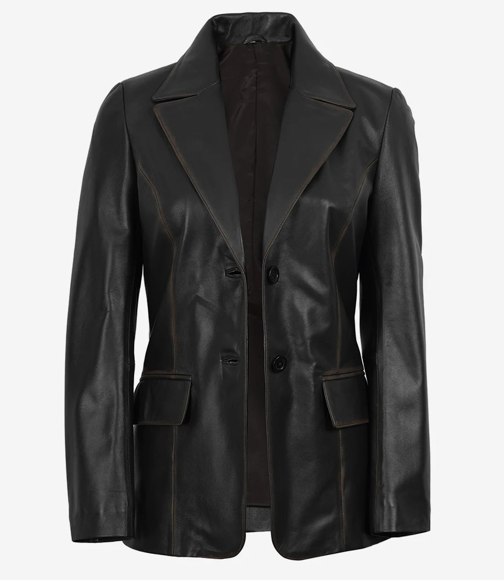 Women's Waxed Dark Brown Two Button Leather Blazer