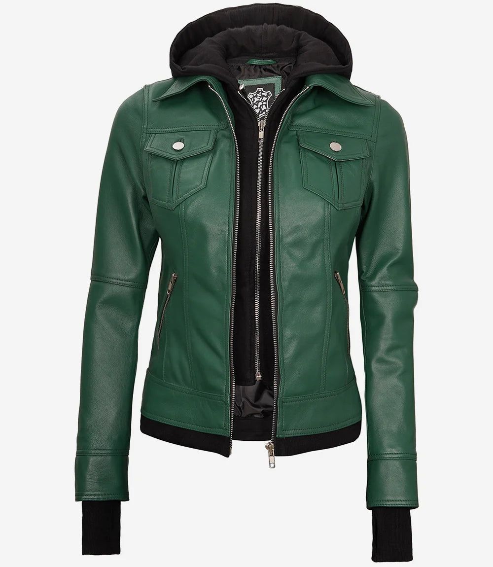Womens Green Bomber Leather Jacket with Removable Hood