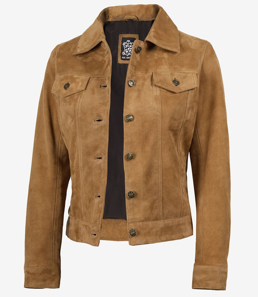 Womens Light Brown Suede Leather Trucker Jacket