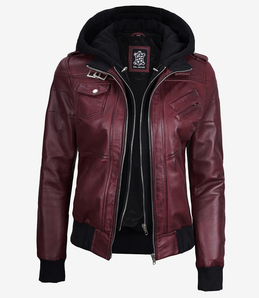 Womens Maroon Hooded Bomber Leather Jacket