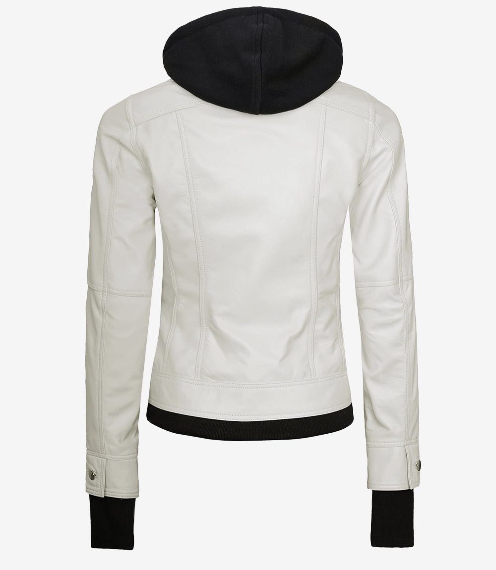 Womens White Bomber Leather Jacket with Removable Hood