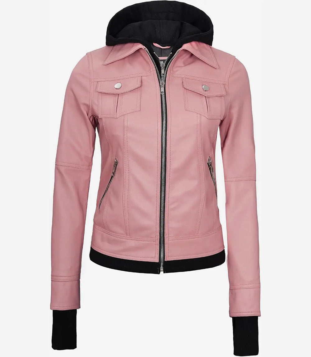 Womens Pink Bomber Leather Jacket with Removable Hood