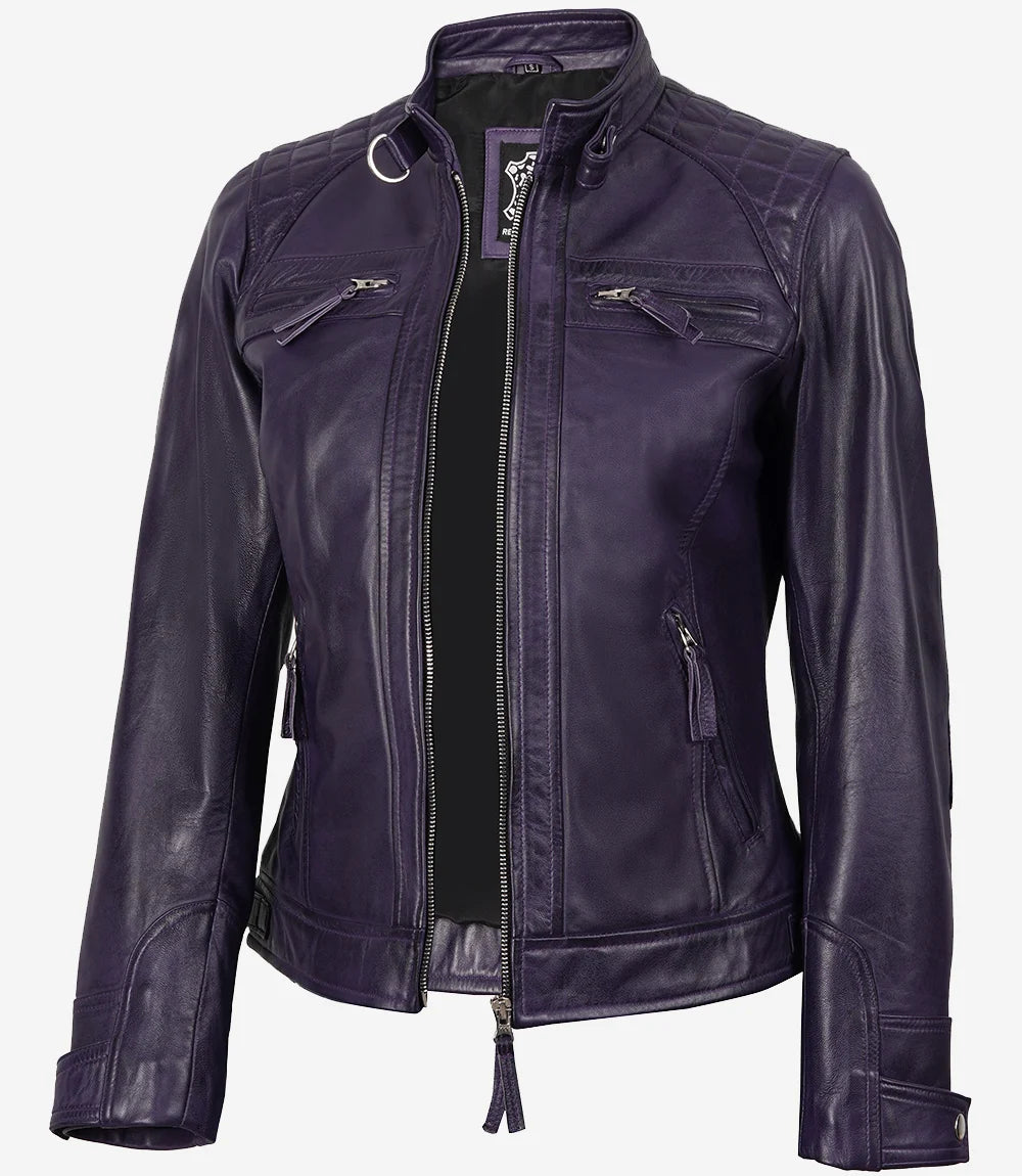 Womens Purple Real Leather Motorcycle Jacket