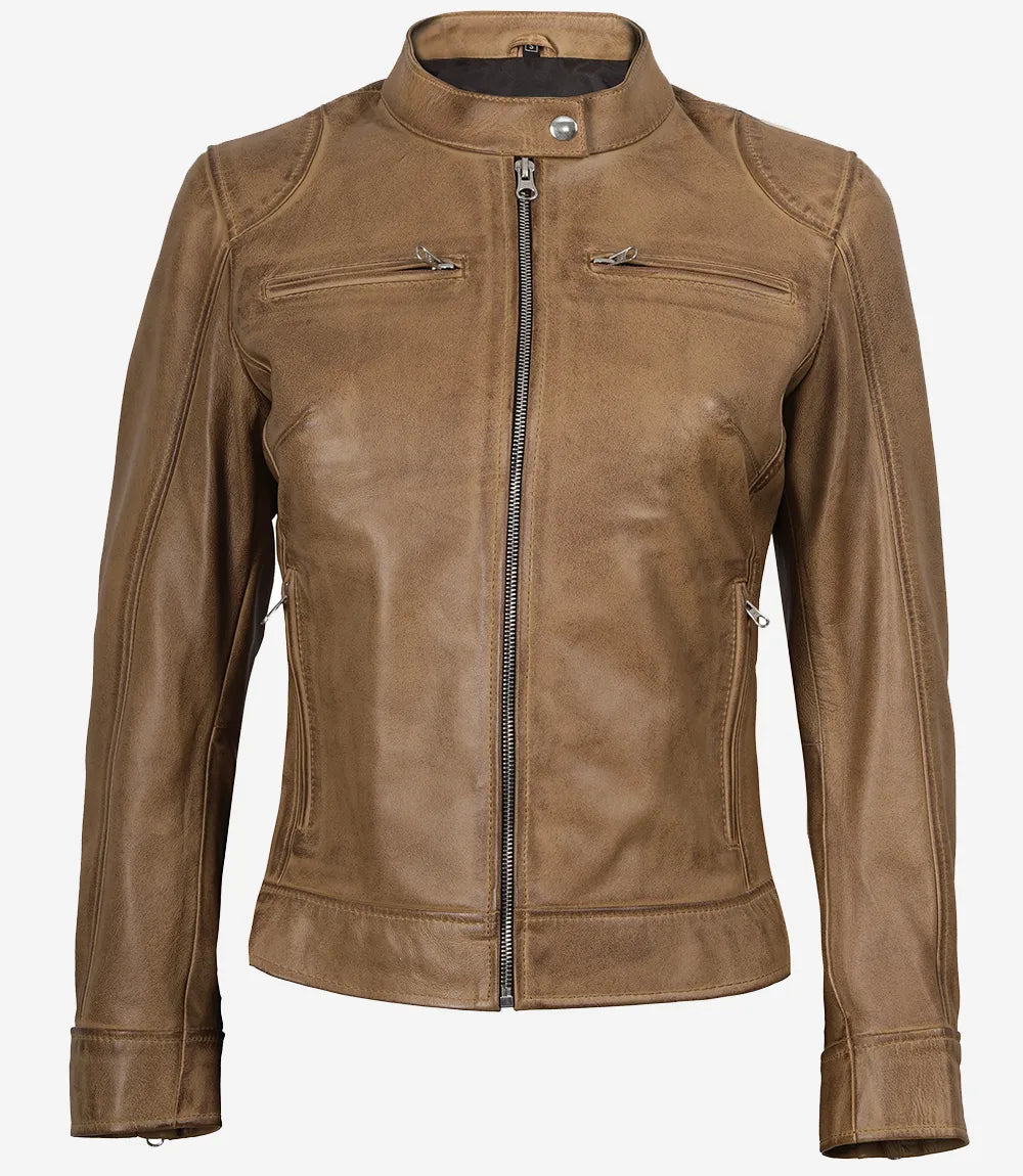 Womens Real Leather Camel Brown Moto Jacket