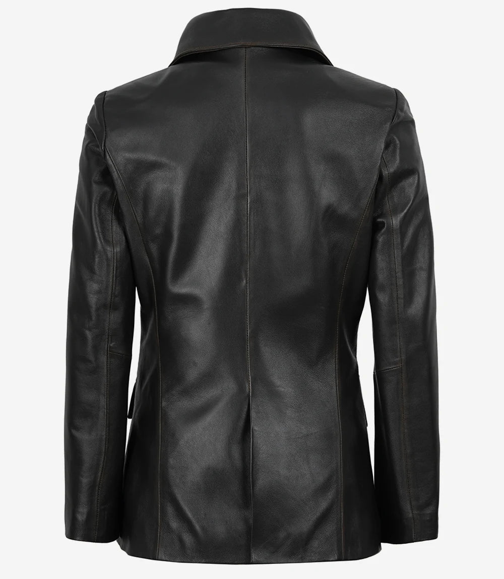 Women's Waxed Dark Brown Two Button Leather Blazer