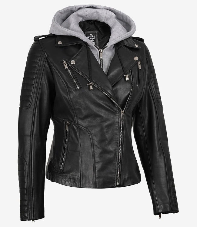 Women's Biker Style Black Leather Jacket with Hood