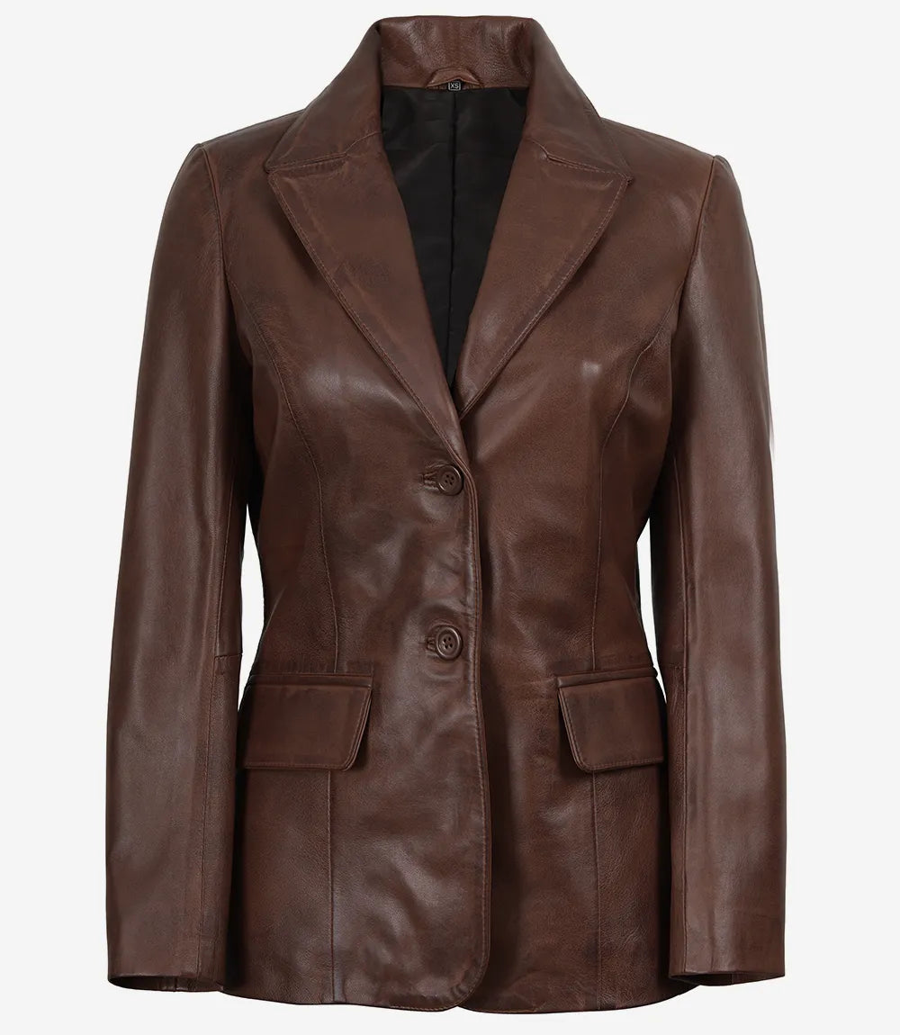 Women's Two Button Cognac Waxed Leather Blazer