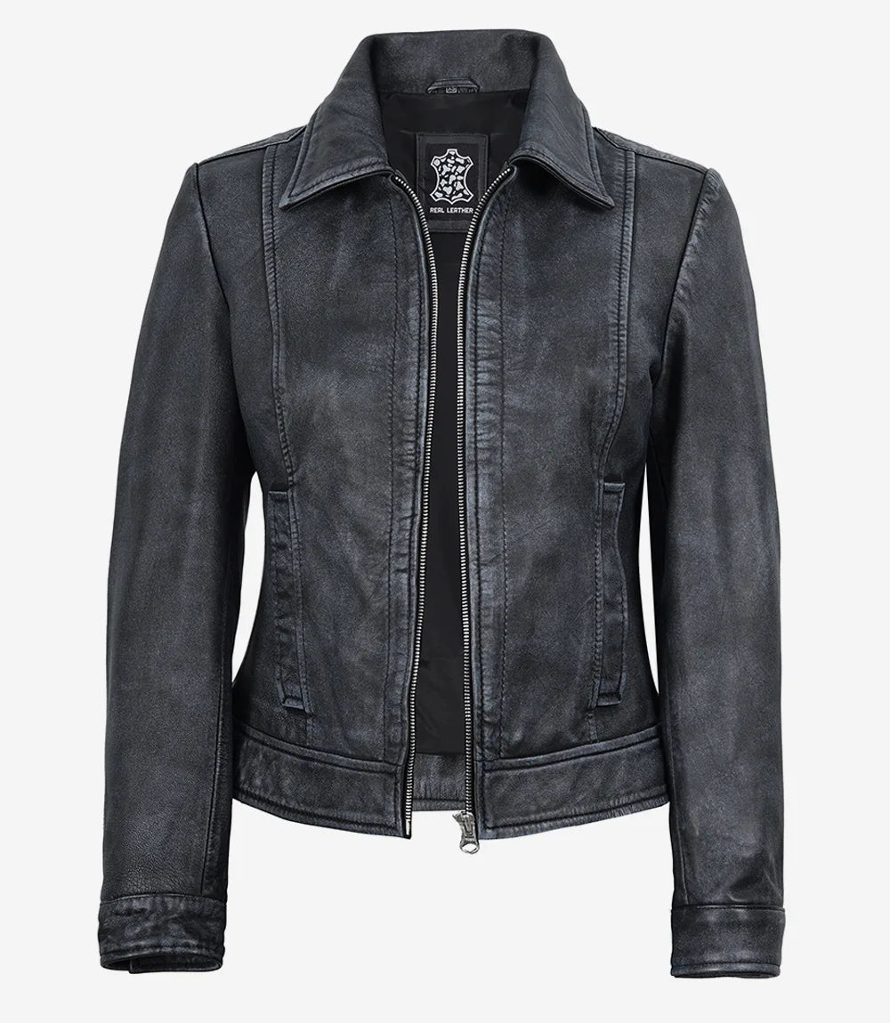 Jose Womens Black Shirt Collar Harrington Washed Leather Jacket