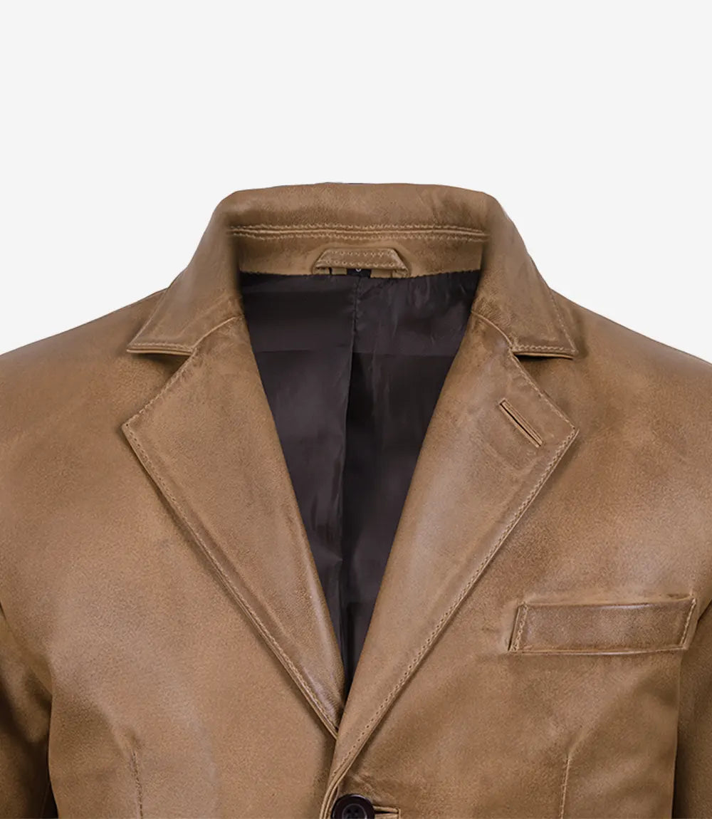 Men's Camel Waxed 3 Button Leather Blazer