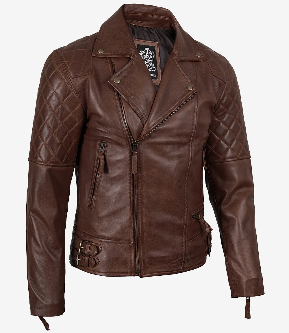 Men's Asymmetrical Cognac Biker Style Leather Jacket