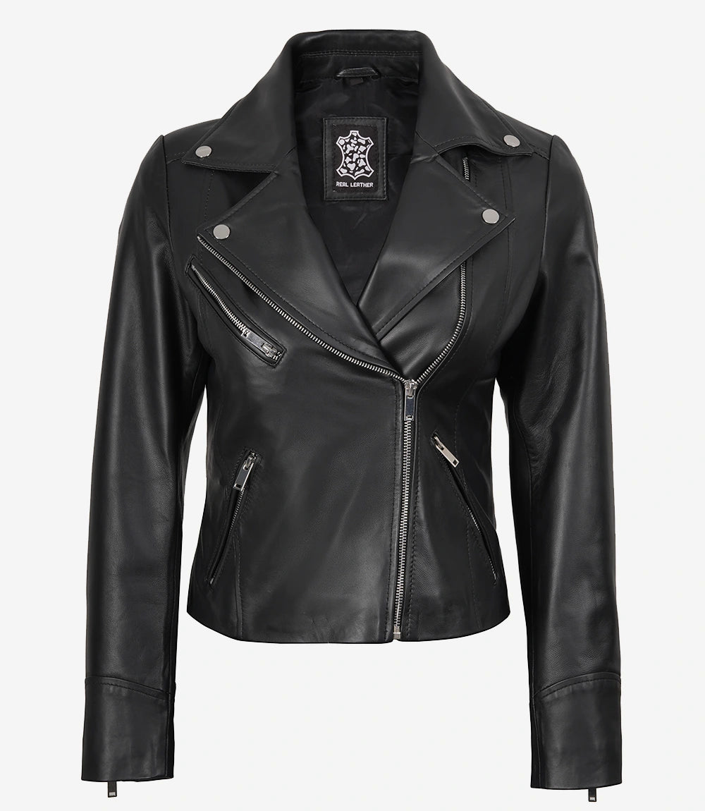 Rita Womens Asymmetrical Black Leather Biker Style Jacket