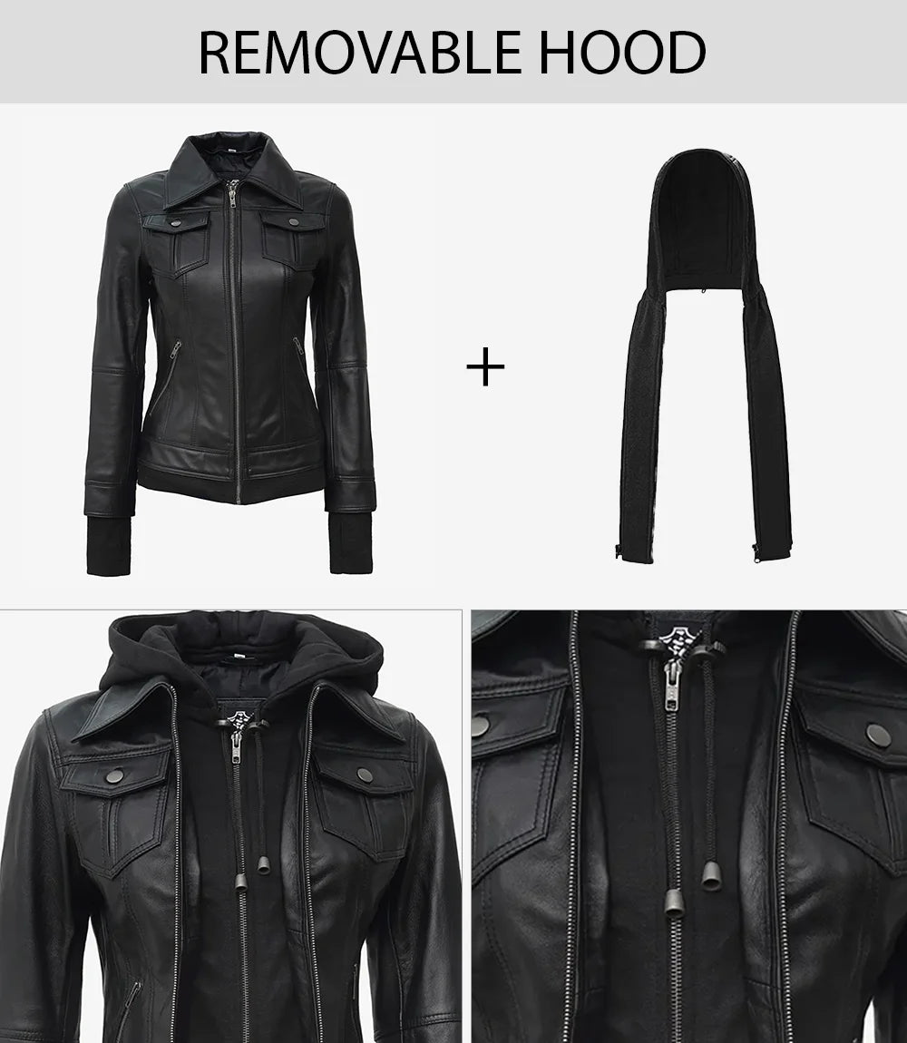 The Celeste: Womens Black Bomber Leather Jacket with Removable Hood