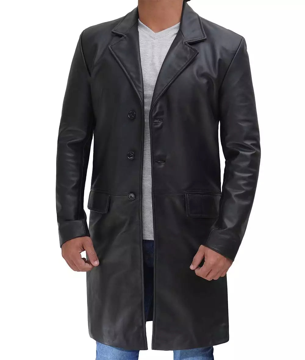 Mens Cowhide Black Long Leather Coat