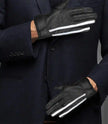 Mens White Stripe Perforated Black Leather Gloves