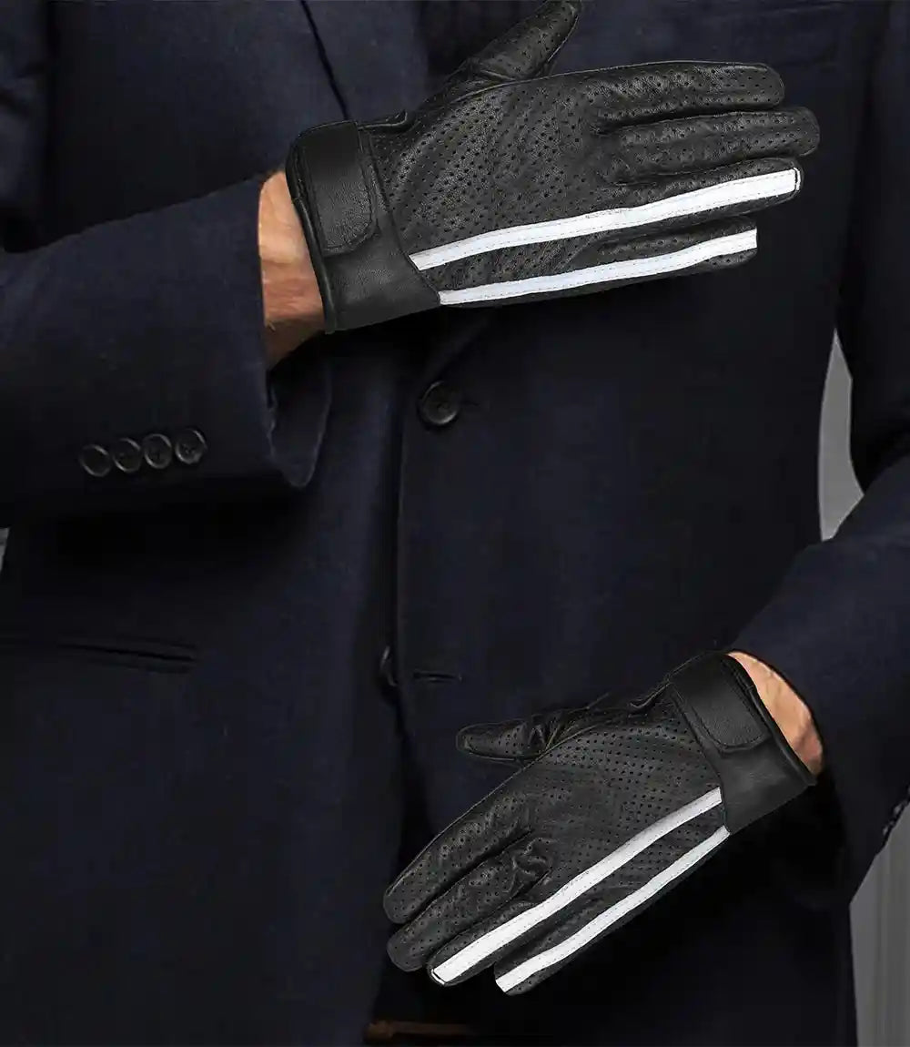 Mens White Stripe Perforated Black Leather Gloves