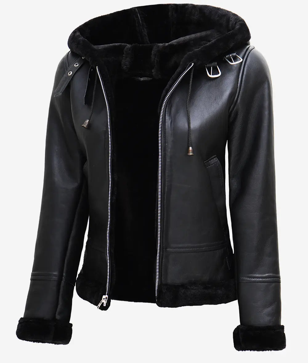 Womens Black Leather Aviator Jacket With Hood