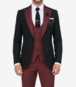 Men's Slim Fit 3-Piece Black & Burgundy Tuxedo