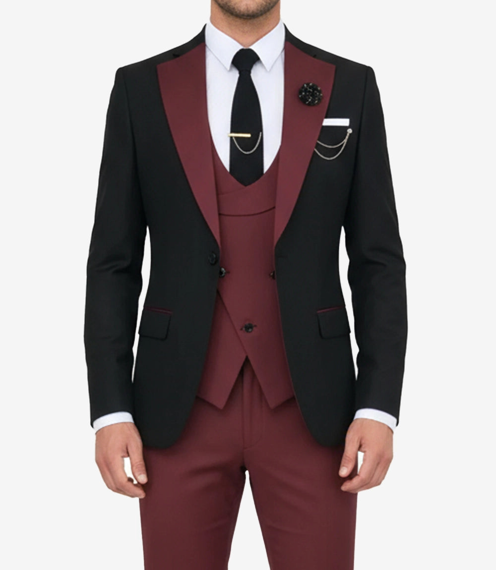 Men's Slim Fit 3-Piece Black & Burgundy Tuxedo
