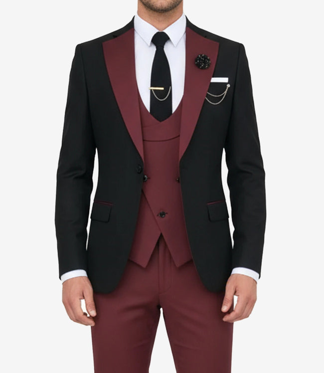 Men's Slim Fit 3-Piece Black & Burgundy Tuxedo