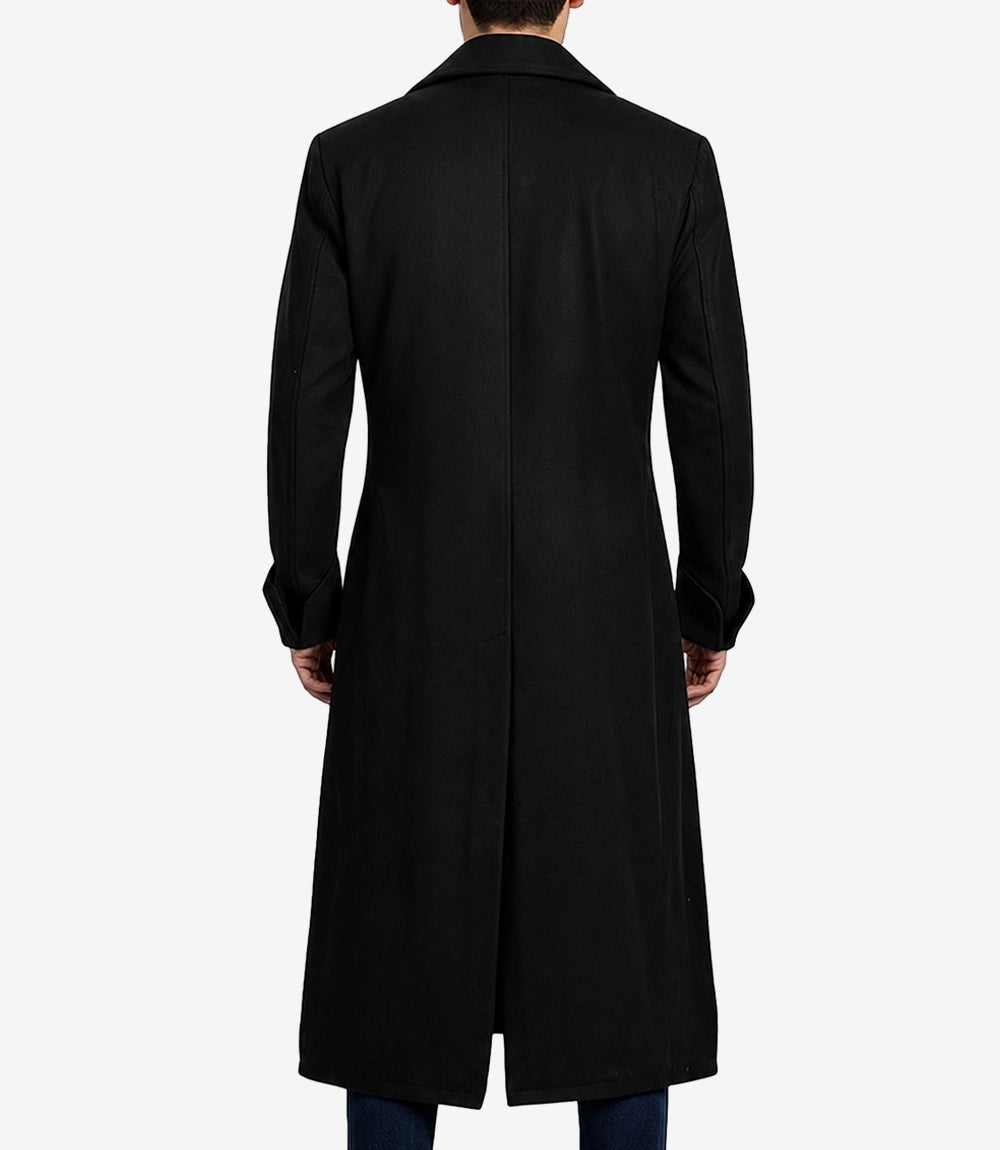 Men's Black Double-Breasted Wool Coat - Black - view 2