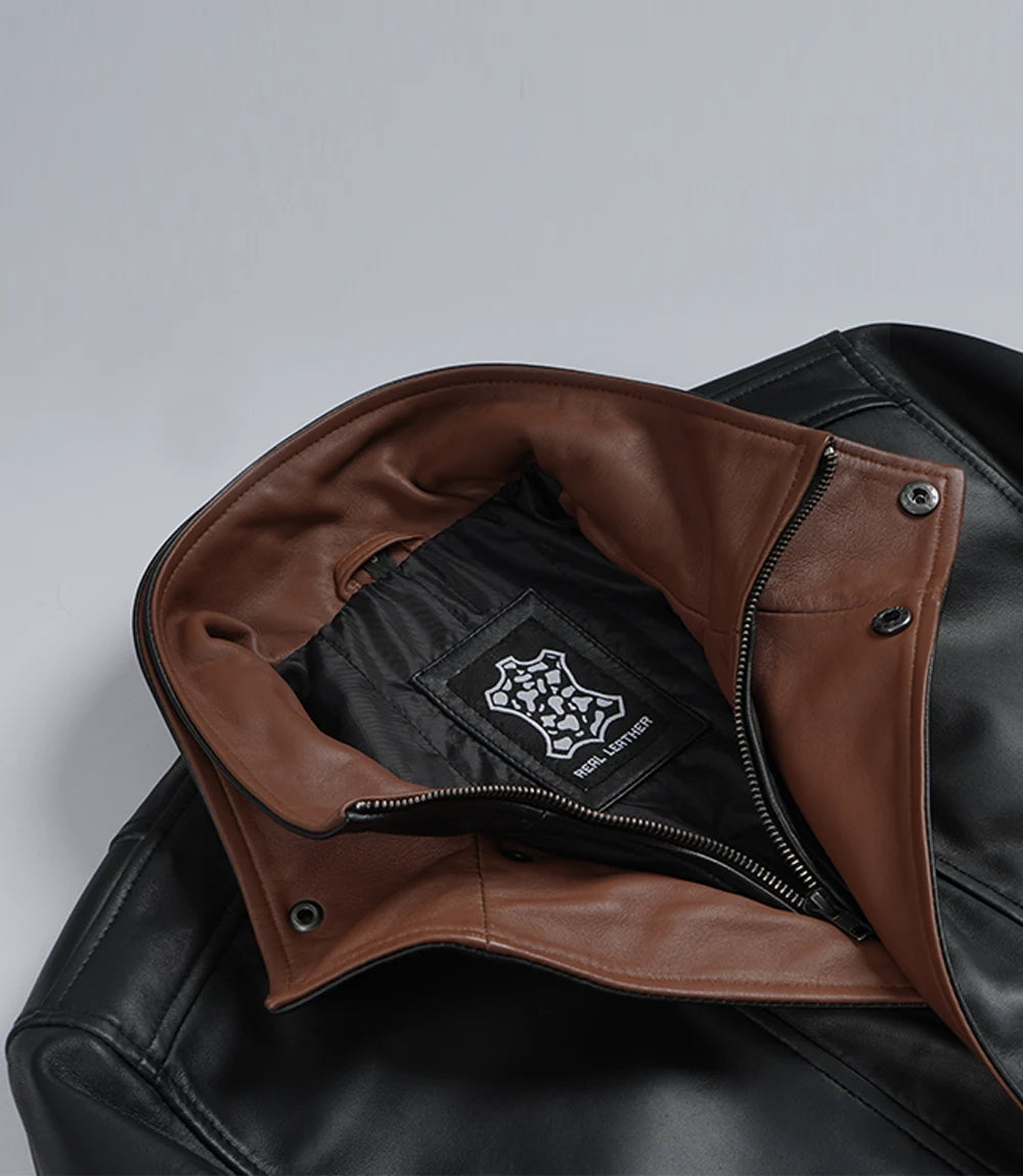 Erin Mens High-Collar Black Bomber Leather Jacket With Brown Details