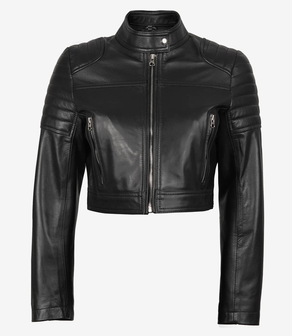 Womens Black Biker Cropped Leather Jacket