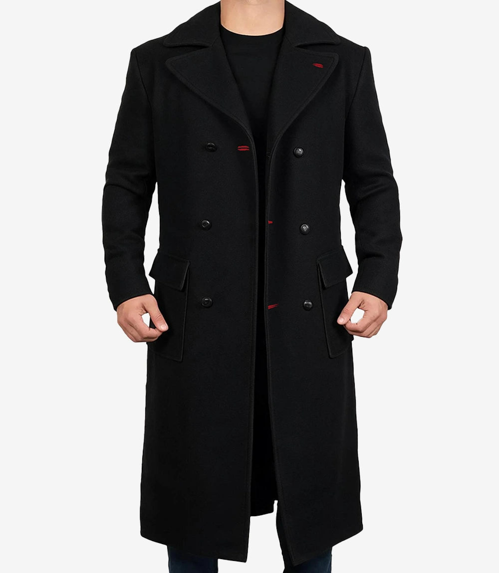 Men’s Double-Breasted Long Black Wool Coat - Black
