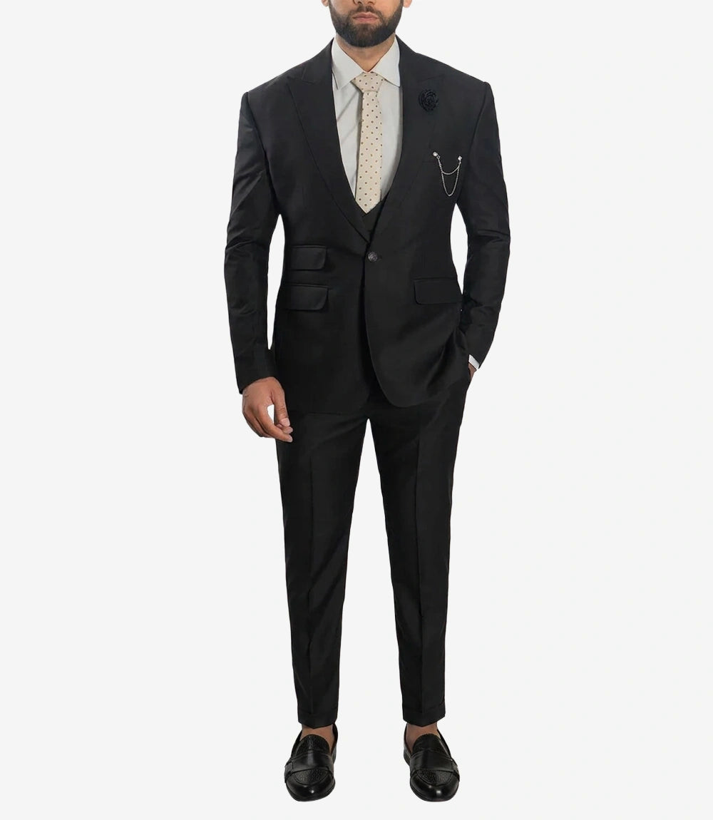 Morgan Slim Fit Peak Lapel 3-Piece Black Men’s Suit