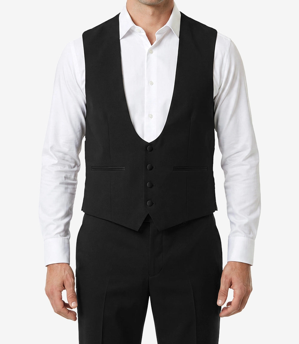 Mens Black 3 Piece Suit – Satin Peak Lapel One Button Tuxedo