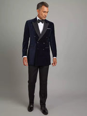 Mens Peak Lapel Double Breasted Blue Velvet Tuxedo
